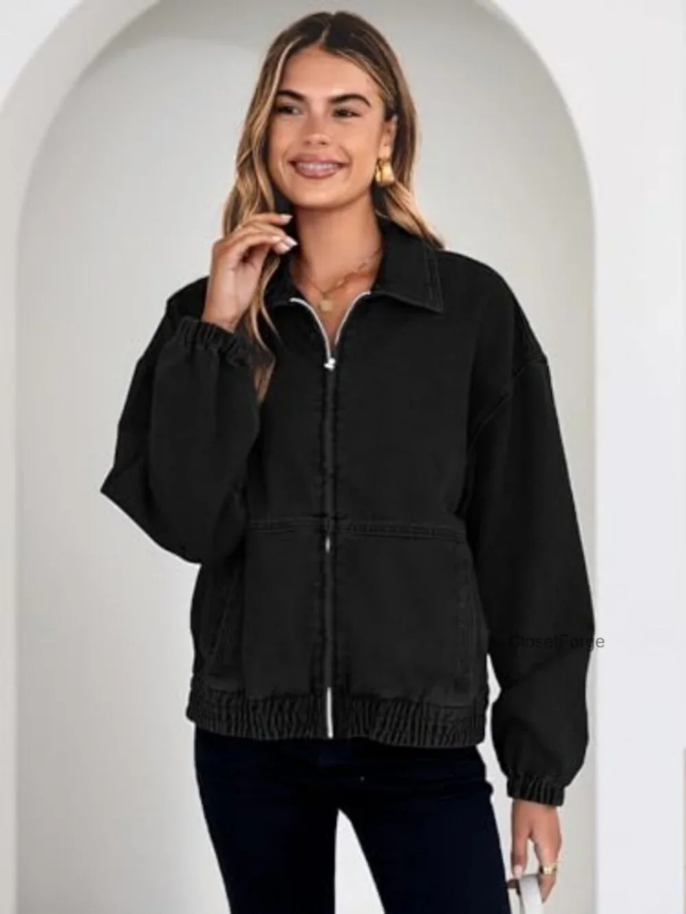 Oversized Denim Jacket Zip Up Long Sleeve Loose Fit Bomber Style